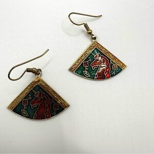 Elegant Gold and Green Horse Motif Earrings